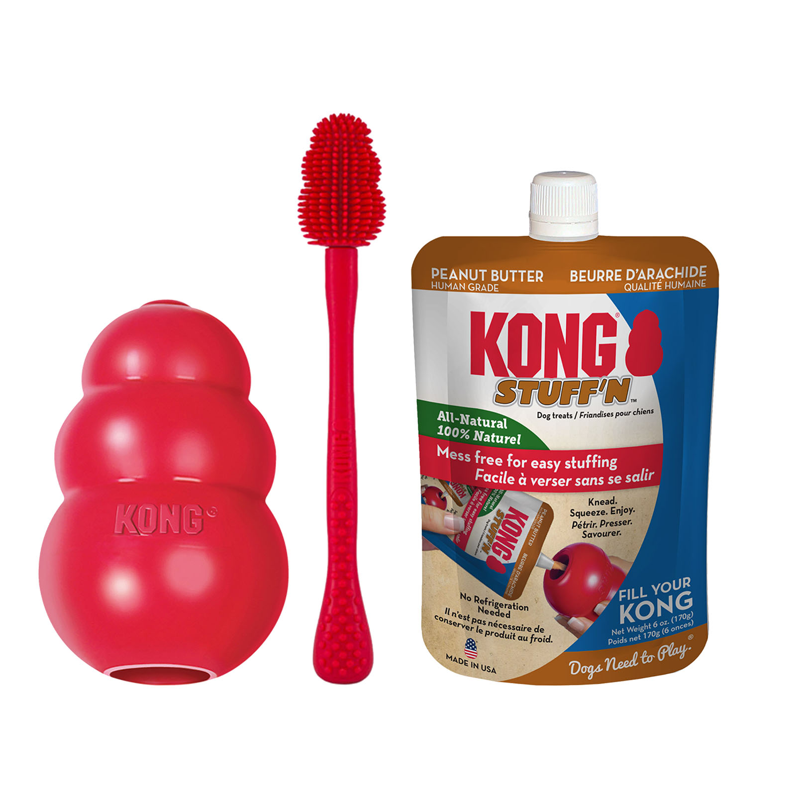 KONG Classic XXLarge Rubber Toy With Cleaning Brush And Peanut Butter Treat Paste Pack For Dogs